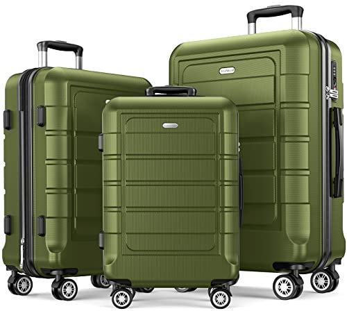 SHOWKOO Kofferset 3 Teilig Hartschale Leicht PC+ABS Erweiterbar Reisekoffer Haltbar Trolley Handgepäck Sets mit TSA Schloss und 4 Rollen (M L XL -Olivgrün)