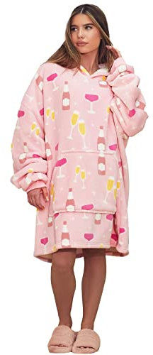 Dreamscene Prosecco Print Hoodie Blanket Womens Plush Sherpa Coral Fleece Champagne Glass Wearable Soft Throw, One Size - Blush Pink