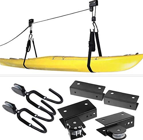 Canoe Hoists, 12 Feet High Kayak Hoist Overhead Garage Storage Hoist, Kayak Storage System 125 Pounds Bearing Bike-Lift Ceiling Mount Multifunctional Hanging Rack Storage Device for Kayak Boat Canoe