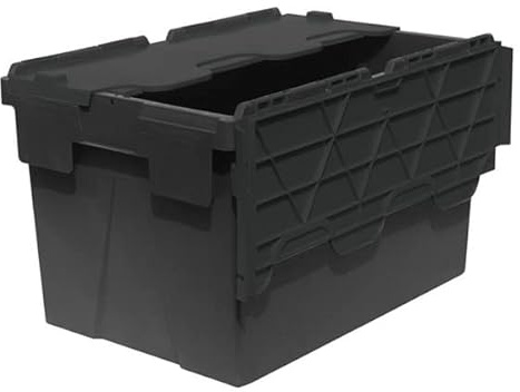 Pack of 5 - Plastic 65 Litre Heavy Duty Storage Boxes (60 x 40 x 36.5cm) Plastor Black Crates with Attached Hinged Lids