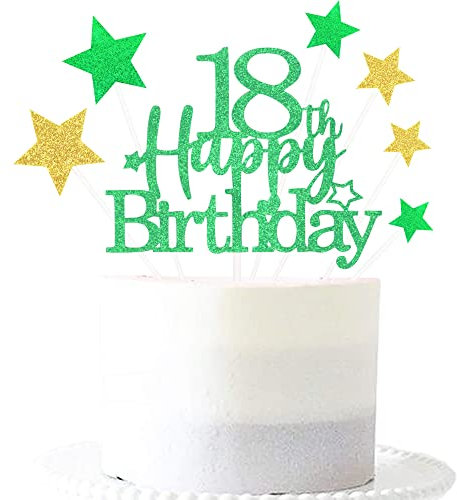 Glittery 18th Happy Birthday Cake Topper with Star,Personalised 18 Birthday Cake Toppers Party Decorations Party Supplies for Boys Girls Green Gold