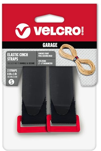 VELCRO Brand | Garage Organization | Elastic Cinch Straps with Buckle, 8in | Adjustable & Stretch | Fasten Power Cords, Store Holiday Light Strings, Organize Cables | Black, 2ct, Small - 8 x 1