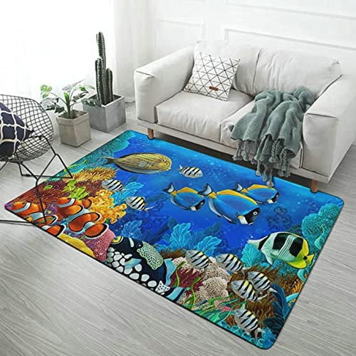 Wohnzimmer Schlafzimmer Teppich Blau Unterwasserwelt Hai Tropische Fische Schildkröte Korallenriff Muster Kinderzimmer Teppich Meer Kinderzimmer Teppich Läufer Fußmatten (Farbe 3,40x120 cm)