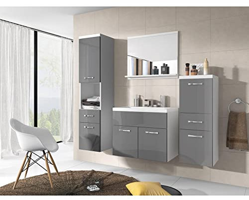 MINIO go for it - Ensemble Meubles de Salle de Bain 4 Pièces Alo, 2X Armoire Salle de Bain, 1x Miroir Salle de Bain avec Étagère, 1x Meuble avec Lavabo, Meuble de Salle de Bain - Gris Brillant/Blanc