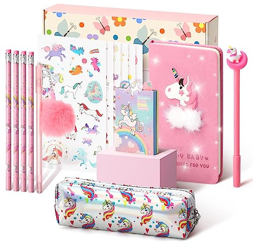Cooyou Cadeau de Papeterie Licorne pour Fille 6 7 8 9 10 11 12 Ans, Trousse, Stylo, Crayon et Carnet de Licorne, Ensemble de Jouets Licorne pour Filles, Rose