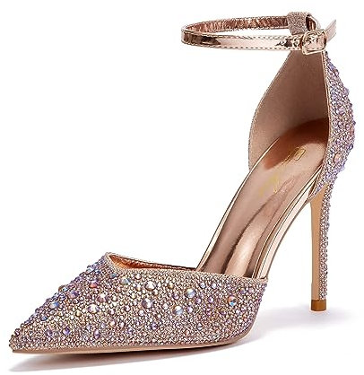 Zhabtuc Scarpe con Tacco Alto 10 cm da Donna, Eleganti Décolleté con Strass Scintillanti, Cinturino alla Caviglia, Strass Oro Rosa, 36 EU