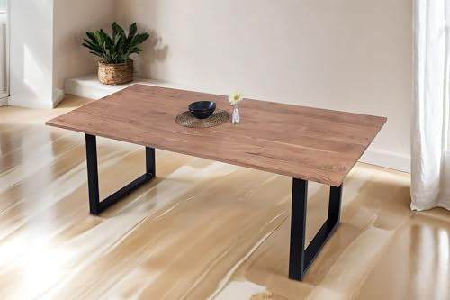 SAM Esstisch 240x100 cm Porto, Akazienholz massiv + naturfarben, Esszimmertisch mit gerader Kante, Holztisch mit schwarzem U-Gestell, Industrial-Design, Tischplatte 26 mm