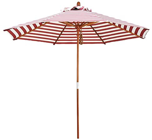 Sonnenschirm 270 cm Holz Groß, Sonnenschirm Balkon mit Seilzug, Rot-weiß Streifen Strandschirm mit Sonnenschutz UV-Schutz, Polyester 230 g/m²