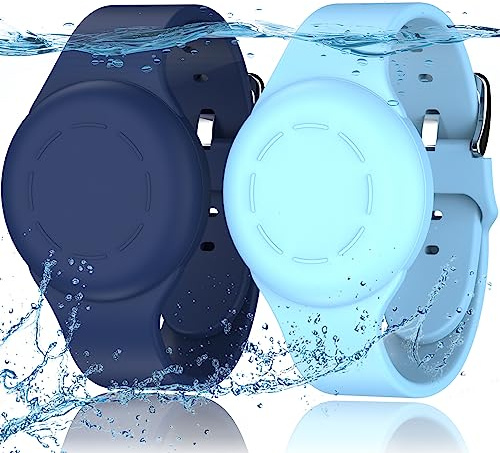 R-fun Lot de 2 Bracelets étanches pour Enfants compatibles avec Apple Air Tag Tracker avec Silicone Souple, Coque Anti-Perte pour Enfants, Bleu Nuit/Bleu Clair
