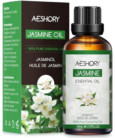 AESHORY Aceite Esencial de Jazmín 50ml, 100% Natural Aceites Esenciales de Aromaterapia de Grado Terapéutico para Humidificador Difusores, Masaje, Baño, Cuidado del Cabello y la Piel