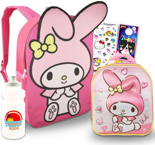 My Melody - Set zaino e portapranzo per ragazze, con zaino My Melody da 40,6 cm, borsa per il pranzo, bottiglia d'acqua, adesivi, altro ancora | Set zaino Hello Kitty and Friends