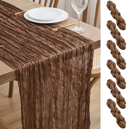Asee'm 6PCS Tischläufer Käsetuch 300 x 90cm Braun Boho Transparente Läufer Tisch Hochzeit Gaze Stoff Rustikale Käse Tuch für Braut Dusche Party
