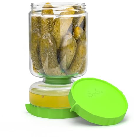 SOPHICO Glass Pickle and Olives Jar Container with Strainer Flip, Leak-proof Juice Separator Hourglass Food Saver Storage (Green)