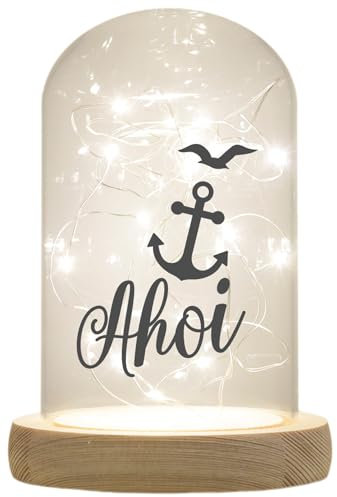 WB wohn trends LED-Glaskuppel, AHOI Anker, 16,5x11cm, Glasglocke mit LED-Licht und Holz-Fuß LED-Laterne LED-Lampe mit Text Spruch