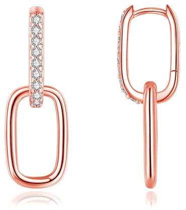 Loutade Convertible Link Earrings for Women, 925 Sterling Silver Paperclip Link Chain Earrings, Rose Gold Double U-Shape Hoop Earrings with Dangle Charms Geometric Oval Drop Earrings Jewelry Gifts