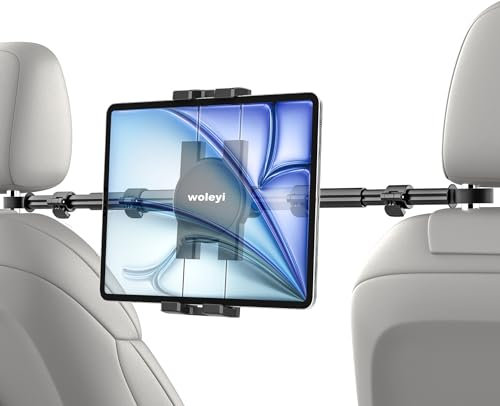 woleyi Soporte Central para Tablet Coche, Asiento Trasero con Brazo Telescópico de Aluminio para Reposacabezas - Compatible con Switch, iPad Pro Air Mini, Galaxy, Móviles, 4-12.9