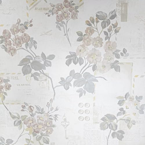 SOPHIE LAURENCE Cream Beige Floral Wallpaper with Vintage Postcards, Stamps, Words, Buttons, and Keys Design – Art Deco, Paste The Paper, Wet Removable, 0.53m x 0.53m, Sample