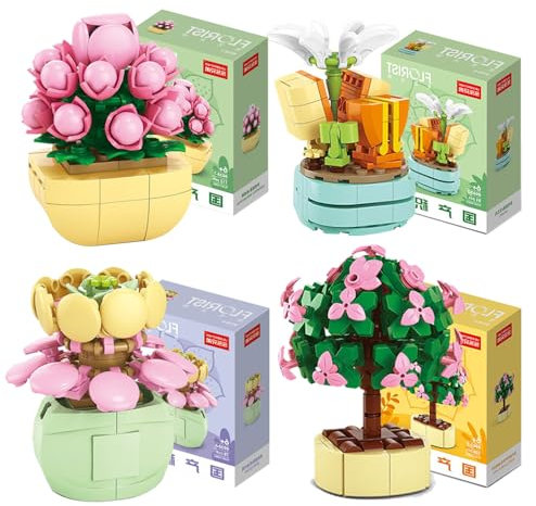 Ramo de Flores Sets de Construcción, Smavles 4 Estilos Juegos de Flores Artificiales para Construir en Maceta de Terracota, Decoración del Hogar, Regalo de Cumpleaños para Mujer Hombre Esposa o Esposo