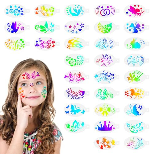 32 Blatt Tattoo Schablonen Kinder, Wiederverwendbare Kinderschminken Schablonen, Schablonen Kinderschminken, Schminkschablonen für Gesicht und Körper, für Party, Fasching, Weihnachten Halloween
