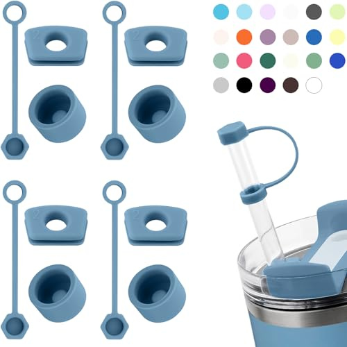 Silicone Spill Stopper Set Compatible with Stanley Cup 2.0 30oz & 40oz with Straw Cover (Set of 4, Indigo)