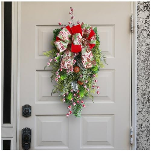 DXDRT Guirnalda Navideña de Lágrima para Puerta, 52 cm Guirnalda Escaleras Navidad Artificial con Frutas de Nieve y Campanas, Adorno Navidad para Barandilla,Pared,Ventana,Chimenea,Buzón,1 Pack