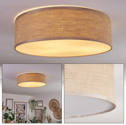 HOFSTEIN Deckenleuchte Antillo, Deckenlampe aus Metall/Papiergeflecht/Kunststoff in Nickel-matt/Natur/Beige/Weiß, runde Leuchte im Boho-Design (Ø 40cm), E27, Esszimmer, Wohnzimmer, Schlafzimmer, Küche