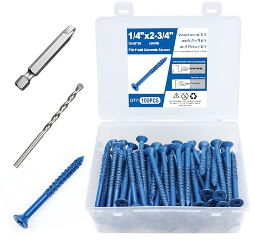 100PCS Concrete Screws Assortment Kit, 1/4 x 2-3/4 Masonry Screws with Drill Bit and Driver Bit, Flat Head Cement Screws and Anchor, Diamond Point, Self Tapping Concrete Brick or Stucco, Blue Coated