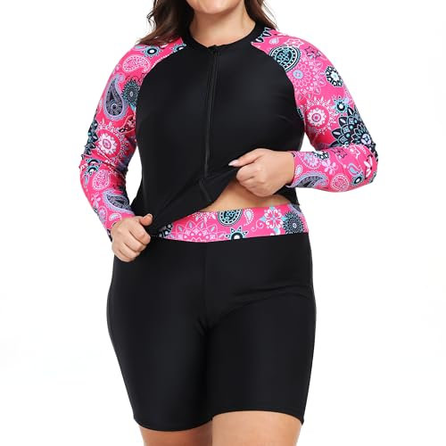 Owntop Maillot de bain 2 pièces UPF 50+ à manches longues avec fermeture éclair et short taille haute pour femme | Maillot de bain à séchage rapide | Natation Surf, Rouge, 3XL Grande taille