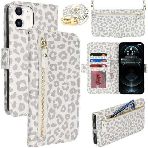 Lipvina Coque en Cuir Premium pour iPhone 12/12 Pro - Étui Portefeuille avec Sangle Réglable, Porte-Cartes, Protection Complète et Design Élégant - léopard Blanc