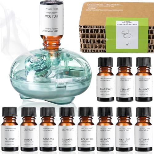 VEDA TINDA SCENT Waterless Diffuser with 12 Pack Hotel Fragrance Oils, Battery Operated Nebulising Diffuser for Home, Luxury Essential Oil Blend Inspired by 5-Star Hotels, Aromatherapy Gift Set