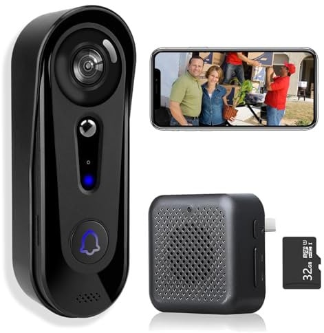 Video Doorbell Camera Wireless, No Monthly Fee, with Chime,32GB SD/Cloud Storage, Night Vision, Motion Detection,2 Way Audio, Real Time Alert,2.4G Wifi (J3)