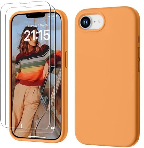 GOODVISH 3 IN 1 for iPhone 16e Case Liquid Silicone 2025 with 2 HD Screen Protector, Full Body Protective Cover Anti Slip Slim Gel Rubber Soft Microfiber Lining iPhone 16e Phone Case, Orange