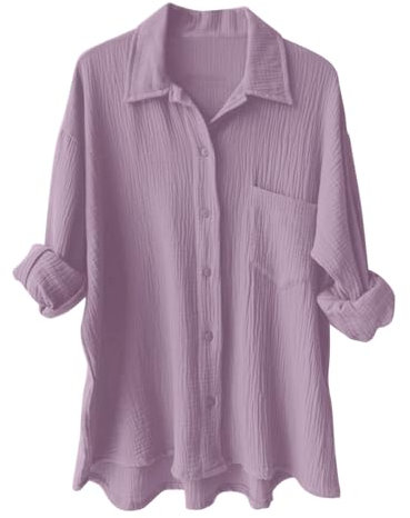Chemise Femme Chic Et élégant à Manches Longues, Chemisiers Blouses Col Boutonné Été Chemisier Oversize Couleur Unie Décontracté Casual Lâche Ample léger Tops de Bureau Blouse Haut T-Shirts Tunique