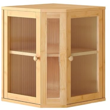 Wooden Large Double Bamboo Bread Bin, Corner Bread Bins For The Kitchen, Bread Storage Box With 2 Doors For Storing Bread And Other Foods (1xBrown)