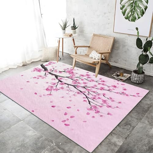 Tapis Salon Oriental Chinois Floral Thème, Super Doux Cachemire Ultrafin, Lavable Antidérapant Tapis 60 x 110 cm pour Chambre à Coucher Cuisine Entrée, Rose