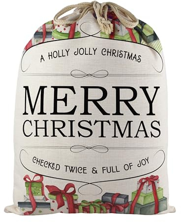 Merry Christmas Santa Sack - X-Large Fabric Reusable Stocking Present Bag for Xmas Gifts with Drawstring Ties