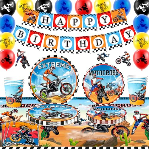 Vaisselle de Fête Anniversaire Motocross,Vaisselle & Décoration Anniversaire Thème Moto, Bannière Thèmes Motocross Ballon Assiettes Nappe Gobelet Serviette etc Motocross Décor de Fête Motocycles