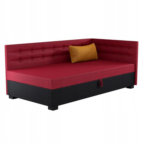 TAPCZANY24 - Boxspringbett Olaf+ 103x198 cm mit Schaumstoff Matratze | Bett mit Matratze, Polsterbett mit Bettkasten, Gepolstertes Einzel Bett, Schlafsofa - Rot mit Schwarz