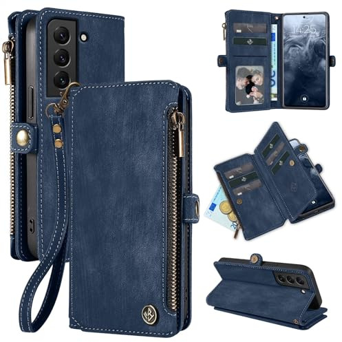 LBH Handy Hülle für Samsung Galaxy S21 FE Klapphülle RFID Schutz Wallet Geldbeutel Geldbörse Cover Case Flipcase Kartenfächer Geldfach Münzfach Blau