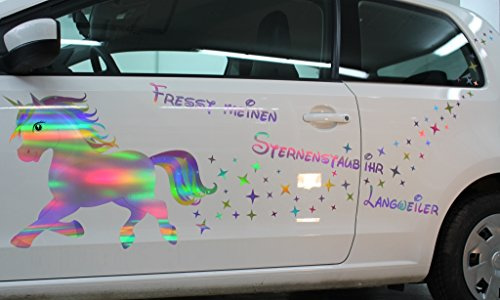 Einhorn Unicorn Dekor Set - Finest Folia Hologram Premium Dekor T shirt Tasse R060 RX003 RX014 (Pferd: Länge:68cm, Höhe:50cm, mit Schrift)