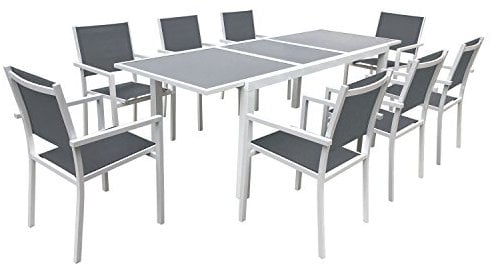 Salon de Jardin Firenze Extensible en textilène Gris 8 Places - Aluminium Blanc