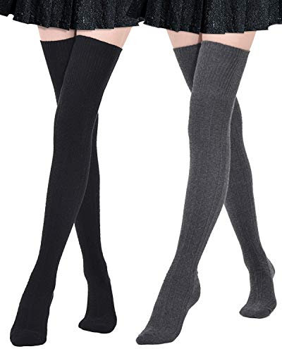 Kayhoma Extra lange Baumwollstrümpfe über dem Knie, hohe Stiefelstrümpfe, Baumwoll-Beinstulpen, Schwarz & Dunkelgrau, Medium