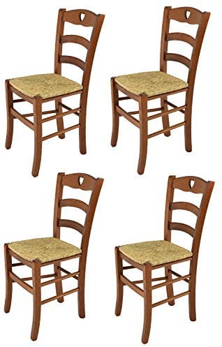 t m c s Tommychairs - Set 4 chaises Cuore pour Cuisine, Bar et Salle à Manger, Robuste Structure en Bois de hêtre peindré en Couleur Noyer Clair et Assise en Paille