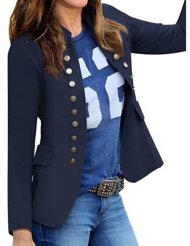 Roskiky - Veste décontractée unie pour femme, ouverte sur le devant, avec boutons et col montant, bleu marine, XL