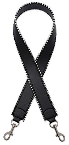 MoreChioce Breit Schultergurt,Damen 4cm Echtleder Schulterriemen Umhängegurt Abnehmbar Taschenriemen mit Perlenrand 105cm Lang Trageriemen Schwarz Silber