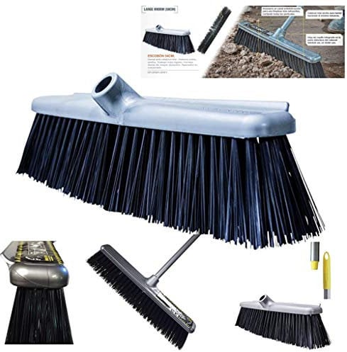 BricoLoco Escobón jardín cepillo barrendero grande 54 cm mango 1,50 mt. Escoba cerdas duras gran duración. Con rascador. Canal anti obstrucción. Extra ancho. ¡2 Herramientas en 1!. Barrer profesional.