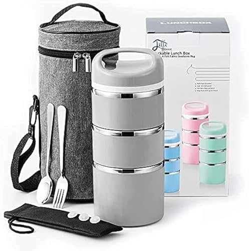 Lille Home Fiambrera apilable de acero inoxidable de 1380 ml con compartimento térmico, contenedor de comida Bento aislado de 3 niveles con bolsa de almuerzo, juego de cubiertos (Gris)