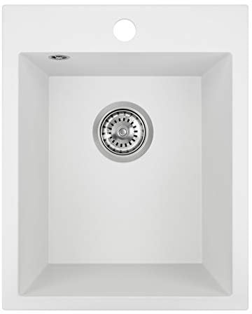 Manestein Spülbecken, Küchenspüle aus Granit, Einbauspüle, Einzelbecken mit Siphon, Fleckenbeständig und Pflegeleicht, 80% Quarzsand, 1 Becken, 48 x 39 cm, Weiß