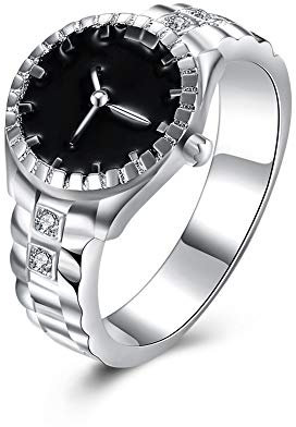 WaiMeill Europa und Amerika Kreative Uhrenform Mode Persönlichkeit Ring Liebhaber Handschmuck 925 Versilberung Zirkon Ring (9, Silber)