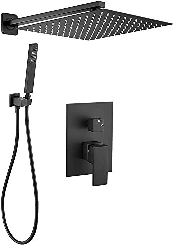 VALAZ Douche Encastrable | Mitigeur Douche 2 voies, Pulvérisateur Effet Pluie | Installation Murale Facile et Rapide | Inoxydable, Carré, Pulvérisateur 25 cm, Noir Mat, Série Tajo